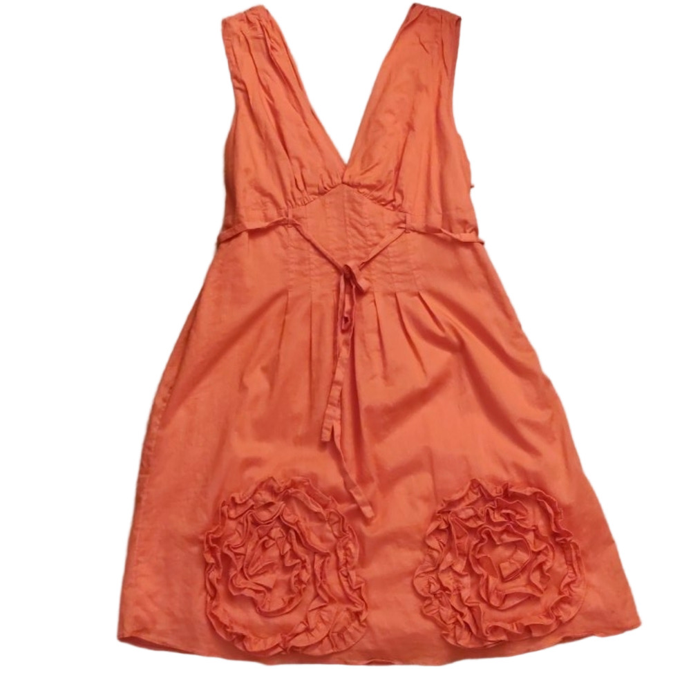 MINUET PETITE M Orange V Neck Floret Cotton Party Cocktail Dress